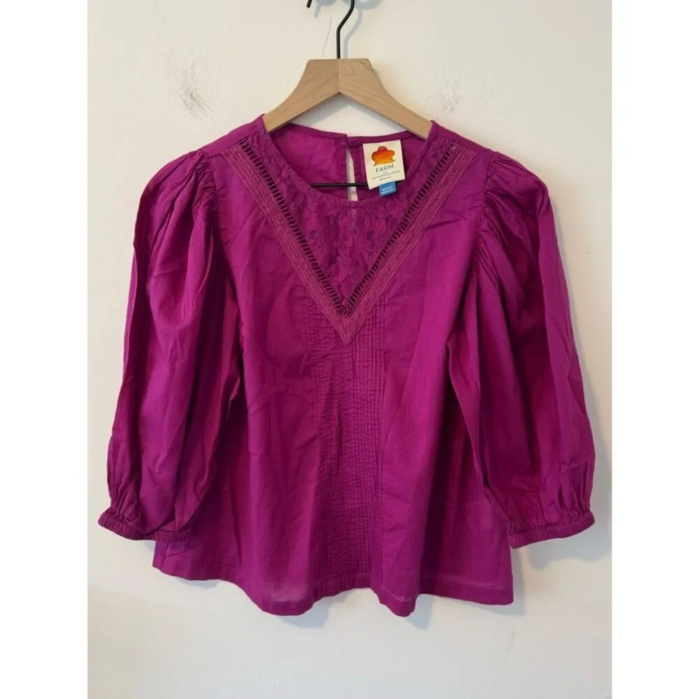 FARM Rio Fuchsia Lace V-Neck Puff Sleeve Top XS Petite